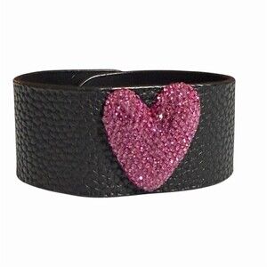 Valentines Day Bracelet Black Wide Cuff Pink Glitter Heart Snap Closure Love